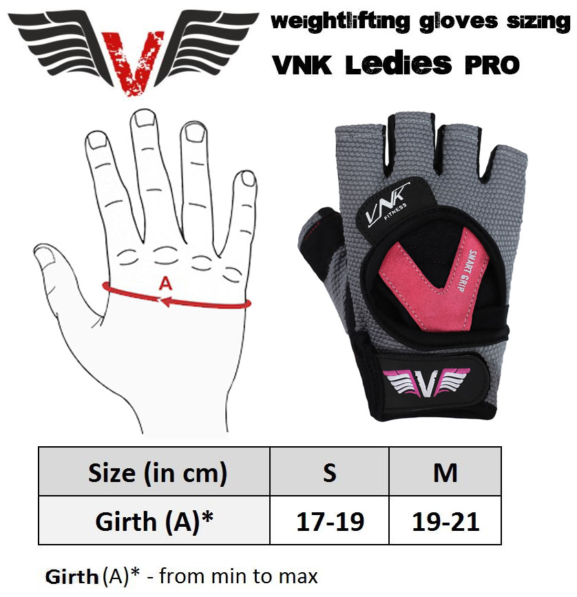 VNK Ladies PRO Gym Gloves size chart